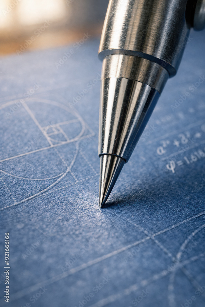 Fototapeta premium Metal pen tip draws a technical sketch with precise lines on blue engineering paper, illustrating drafting, planning, and innovation in design or architectural process. Creative engineering.