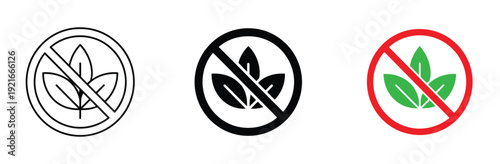 Prohibited leaf icon vector. Symbol for tobacco free area, no plants allowed, non-botanical ingredients, and environmental restriction. Vector Illustration.