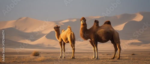 Two camels stand in a desert landscape with rolling sand dunes under sunlight
