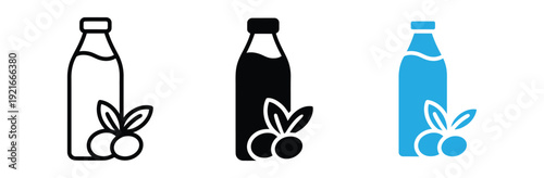 Olive Oil Bottle Icon Vector Set - Symbol for Extra Virgin Oil, Organic Cooking, Healthy Mediterranean Diet, and Natural Skincare. Minimalist Illustrations in Outline, Solid Black, and Blue Styles.