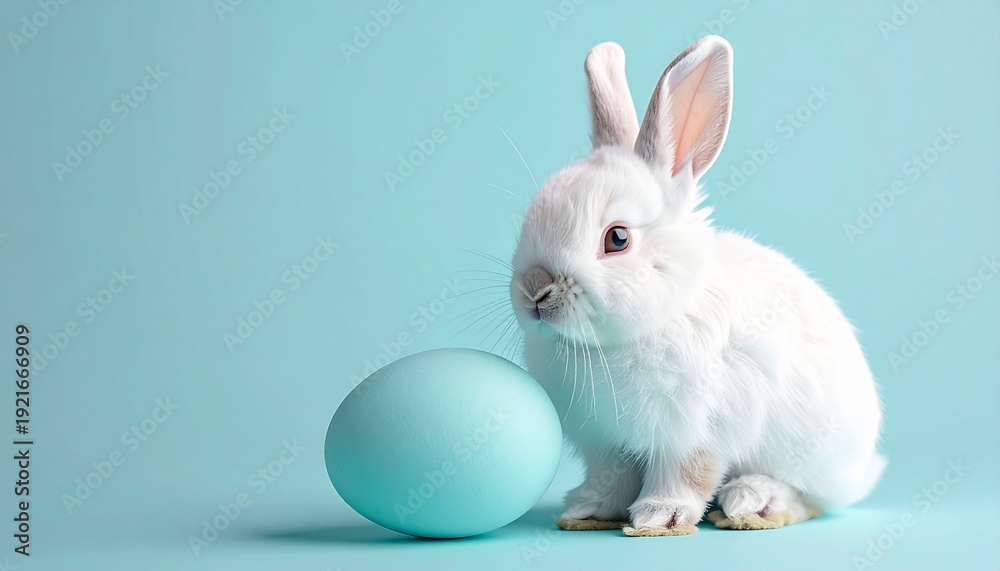 Fototapeta premium A fluffy white rabbit with expressive eyes sits alongside matching blue decorative eggs, creating a modern, elegant look for greeting cards and Easter digital content.