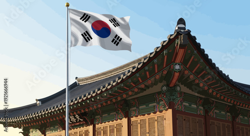Traditional Korean building with South Korean flag waving proudly