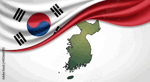 South Korean flag waving over South Korea map on white background