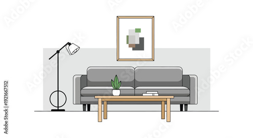 A minimalist living room illustration featuring a sofa lamp and artwork depicted in a flat style silhouette high quality professional detailed
