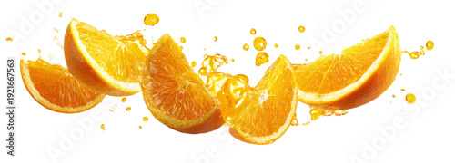 Refreshing orange slices with juice splash on transparent background food scene