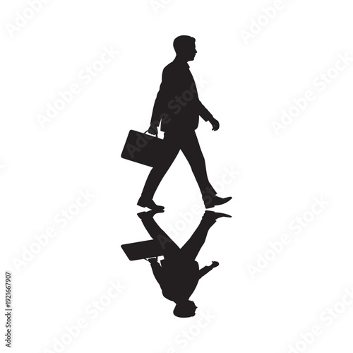 Silhouette of a businessman walking with a briefcase and its reflection
