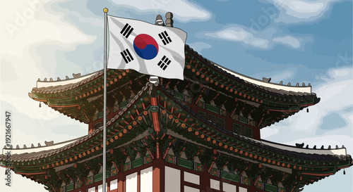 South Korean flag waving on traditional palace roof