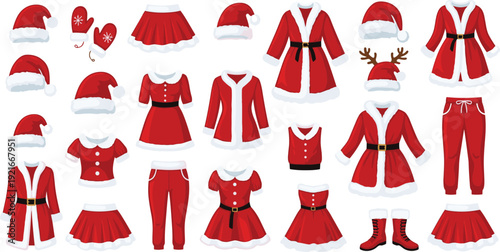 Santa Claus Costume and Christmas Outfit Vector Icon Set with Hats, Dresses, Jackets, Skirts, Pants, and Holiday Apparel Elements