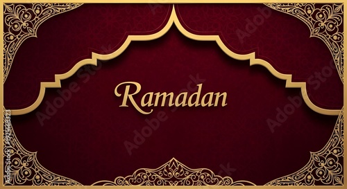 Elegant Ramadan Greeting Card with Gold Ornamental Frame and Deep Red Background