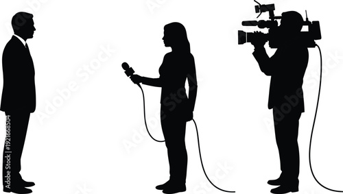 Flat vector illustration, of black silhouettes, showing a female reporter interviewing a businessman, while a cameraman films the news, scene.