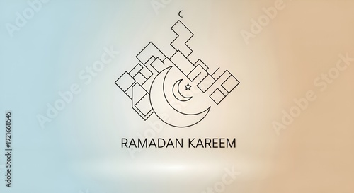 Ramadan Kareem Greeting Card with Crescent Moon and Geometric Pattern on Soft Gradient Background