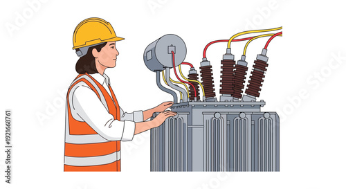 A construction worker inspects complex electrical equipment with high voltage components shown as a silhouette high quality professional detailed modern elegant