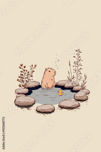 Cozy Capybara Relaxing in Hot Spring