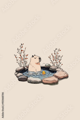 Cozy Capybara Relaxing in Hot Spring