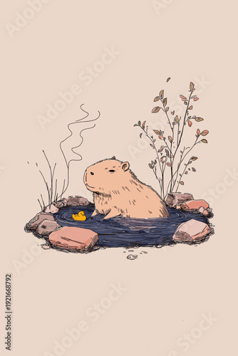 Cozy Capybara Relaxing in Hot Spring