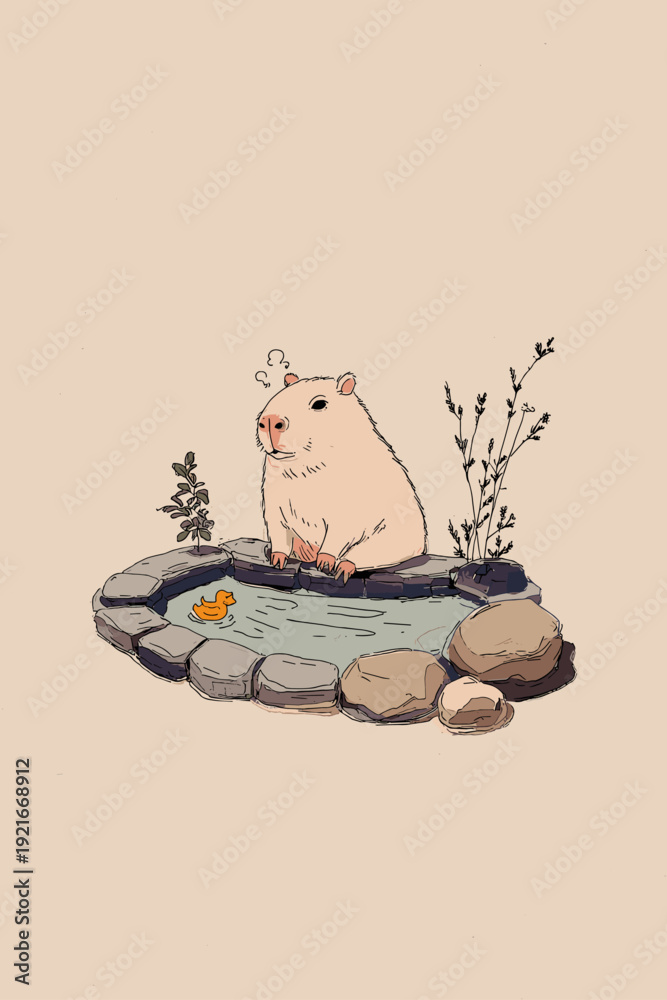 Fototapeta premium Cozy Capybara Relaxing in Hot Spring