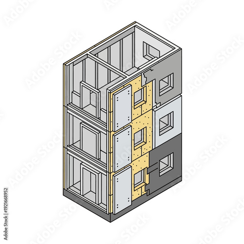 Isometric view of a three-story building under construction with exposed framework.