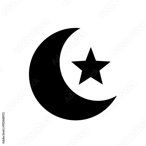 Crescent moon and star, a simple yet powerful design. The black crescent moon and star is the symbol for islam religion. This image also can mean faith or night. 