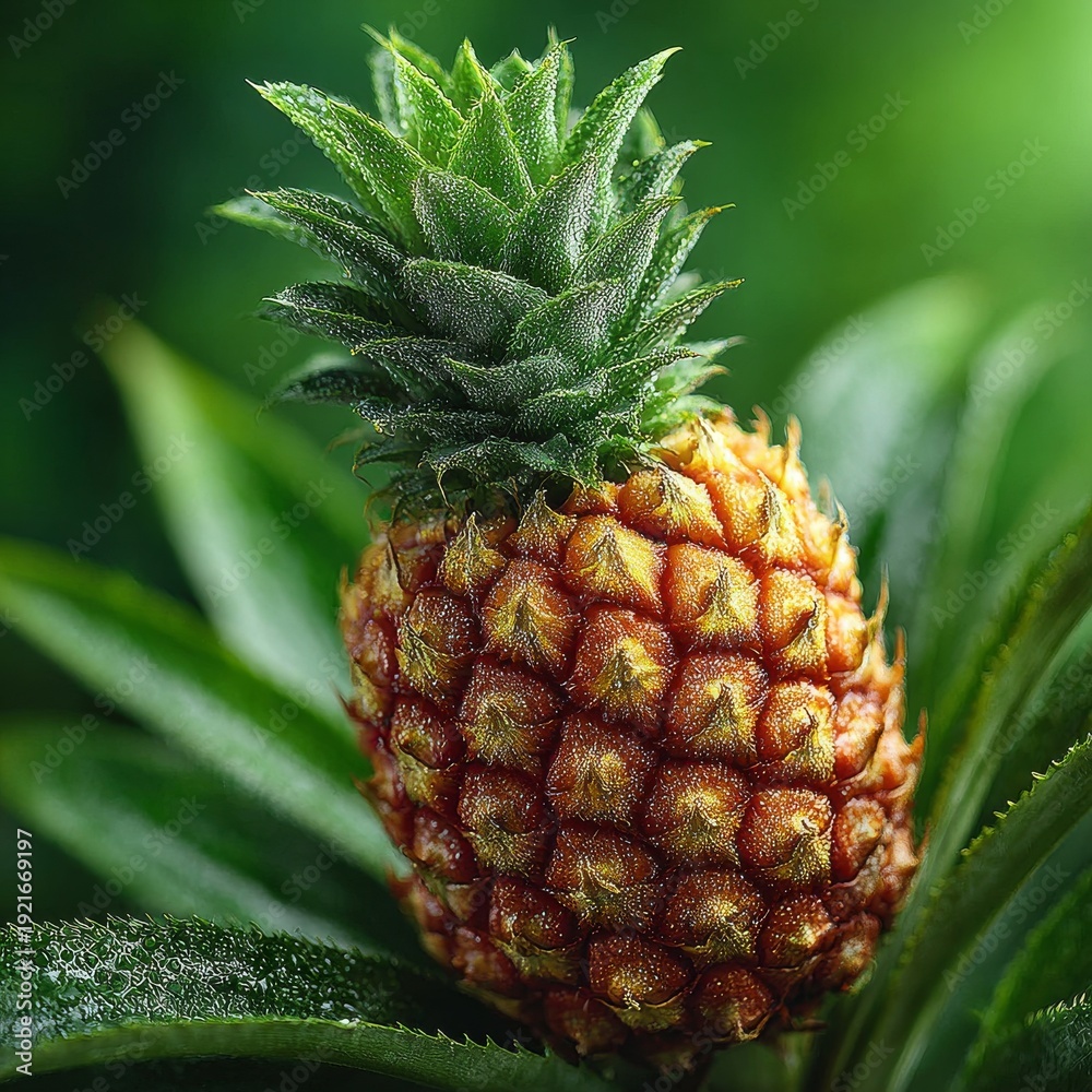 Obraz premium Ripe pineapple surrounded by green leaves in tropical garden