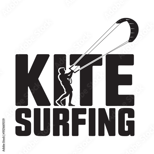 Silhouette of a kitesurfer with bold text reading kite surfing