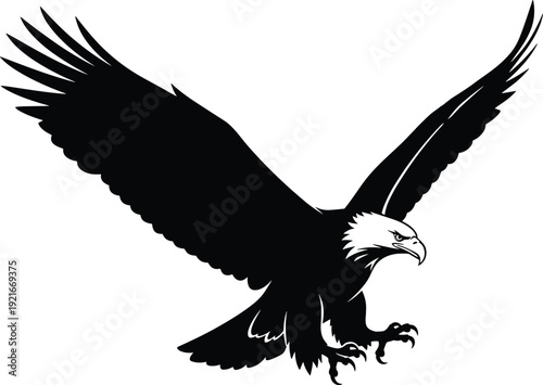 Black silhouette of an eagle in flight with wings outstretched and talons extended bird raptor