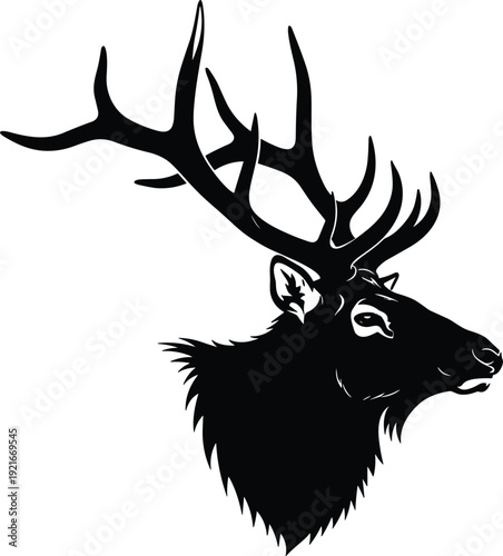 Black Silhouette Of An Elk Head With Large Antlers In Profile wapiti deer
