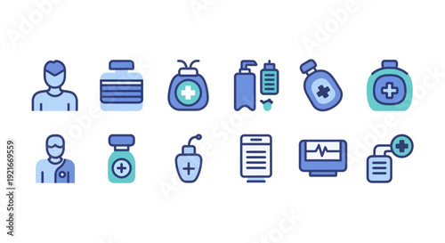 Pharmacy and Medical Skincare Icon Set Vector, Professional Healthcare Symbols, Pharmaceutical Bottles and Clinical Equipment in Flat Line Style