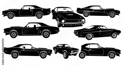 Collection of vintage black muscle cars in silhouette.