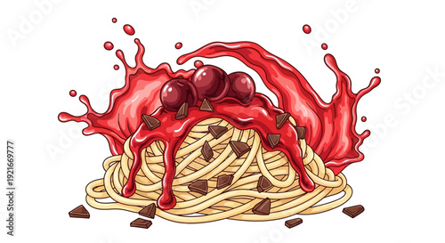 A vibrant illustration of spaghetti splattered with sauce and meatballs from a top-down viewpoint on a clean white surface