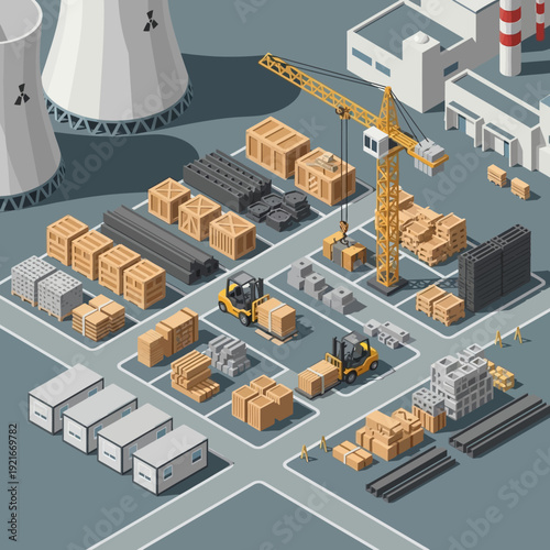 Isometric illustration of an industrial facility with construction equipment and storage containers.