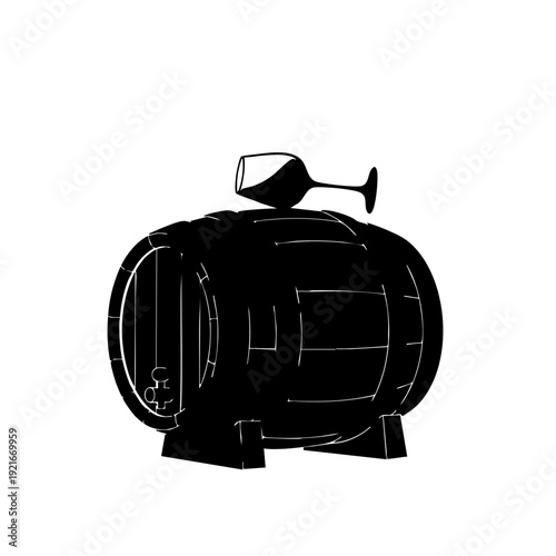 A simple silhouette of a wine barrel with a glass of wine on top. This monochromatic image highlights the classic elements of winemaking