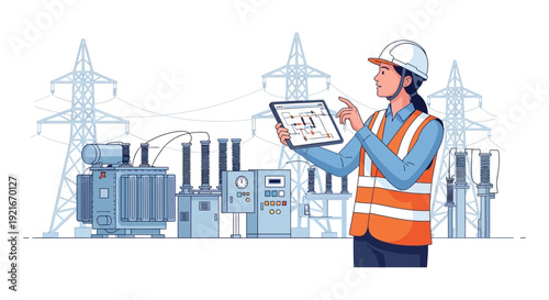 An engineer inspects power grid data on a tablet overlooking high voltage towers and equipment silhouette high quality professional detailed modern elegant