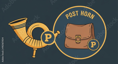 Vintage Post Horn and Leather Satchel Illustration.