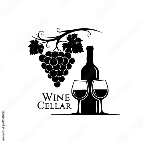An Elegant Wine Cellar Logo Illustration: A depiction of grapes, a wine bottle and wine glass. The logo features a detailed illustration, perfect for use in branding and design
