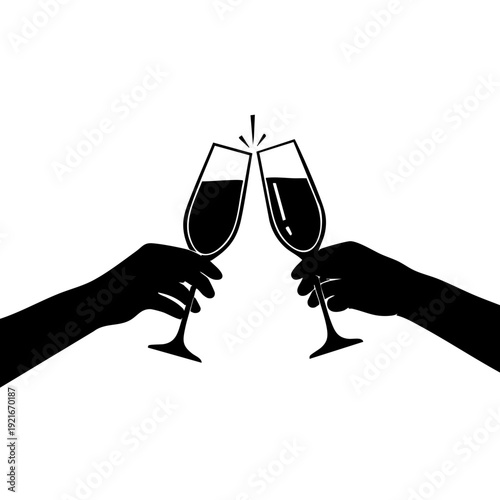 Silhouette of two hands toasting with champagne glasses, with clinking sound effect symbols