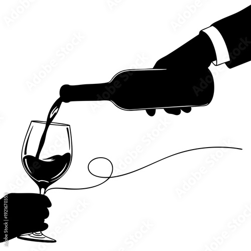 A hand pouring wine into glass silhouette, minimal drawing