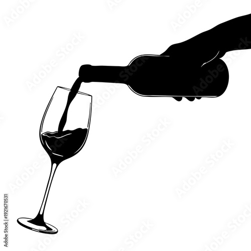 Pouring red wine from a bottle into a glass. The image presents a silhouette with strong contrast and is suitable for various design applications.