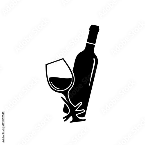 A bottle of red wine and glass in a simple black silhouette