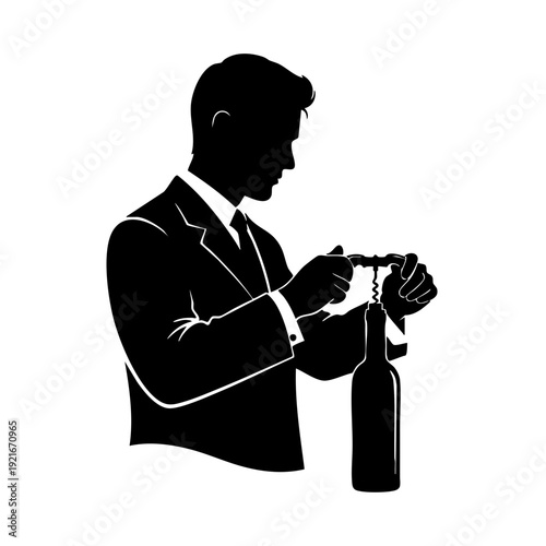 A silhouette of a person opening a wine bottle with a corkscrew