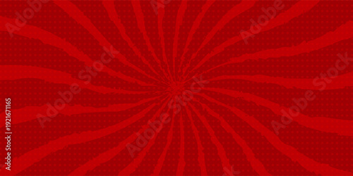 Red sunburst background. Retro background with sun beam. Comic rays. Red bright sunbeams. Light texture backdrop for japanese style. Summer pattern with shiny flare for poster and banner. Vector