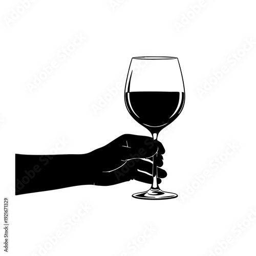A hand holding a glass of wine. The wine appears to be a rich red color