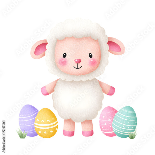 Cute watercolor lamb with decorated Easter eggs, isolated PNG on transparent background, painted in soft pastel tones, perfect for Easter designs, greeting cards, nursery art, stickers, and spring-the