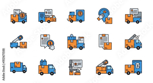 Delivery truck icons with boxes and documents for logistics.