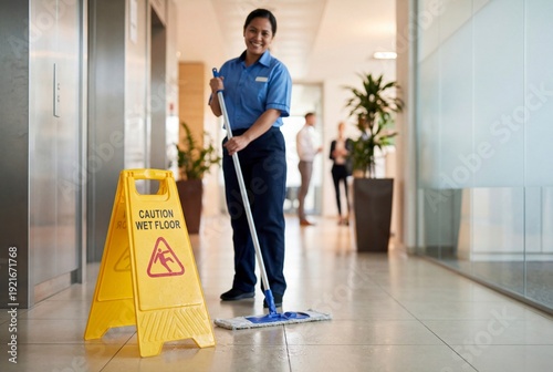 Smiling female janitor mopping office floor near wet floor sign. Happy cleaning service worker in blue uniform washing hallway in modern business building. Professional maintenance staff at work.
