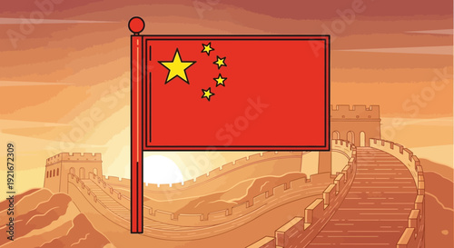 Chinese flag waving at Great Wall of China during sunset