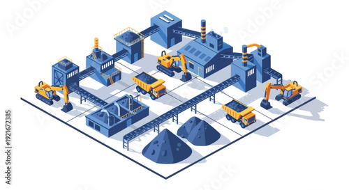 Isometric illustration depicting a complex industrial facility with machinery conveyors and piles of materials silhouette high quality professional detailed modern elegant