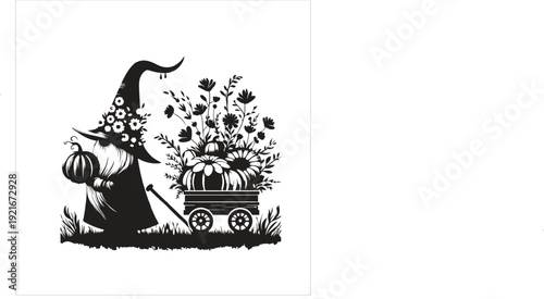 Witch with a Pumpkin and Flower Cart in a Garden flowers