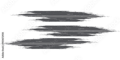 Tire tread marks, wheel textures, tire marks - car racing, motocross, drift, rally, off-road and others. Vector black isolated texture in grunge style with splashes.eps10