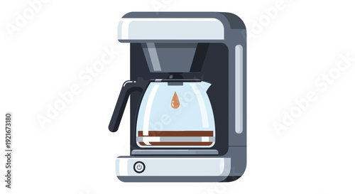 A modern flat style illustration depicts a gray and white coffee maker with a full carafe silhouette high quality professional detailed modern