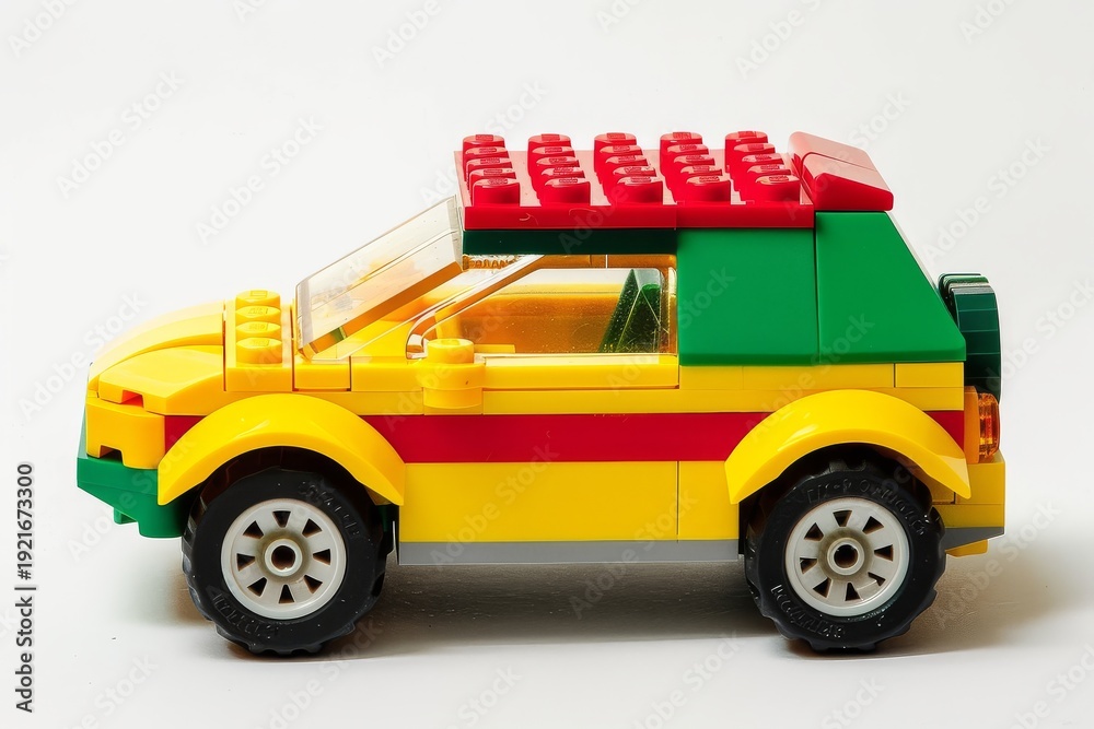 Fototapeta premium Yellow plastic building bricks-style car with red and green accents on white background